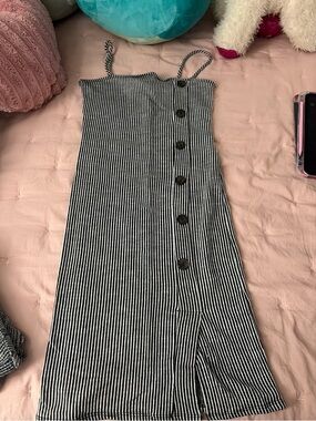 Marshalls Black and White Striped Midi Button-Front Spaghetti Strap Dress